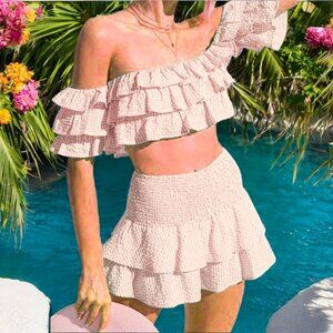 Illa Illa NWT cotton blend orange gingham ruffle two piece set top & shorts L